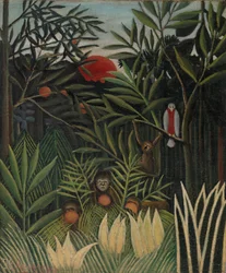 Apen en papegaai in het oerwoud (Singes et perroquet dans la forêt vierge)